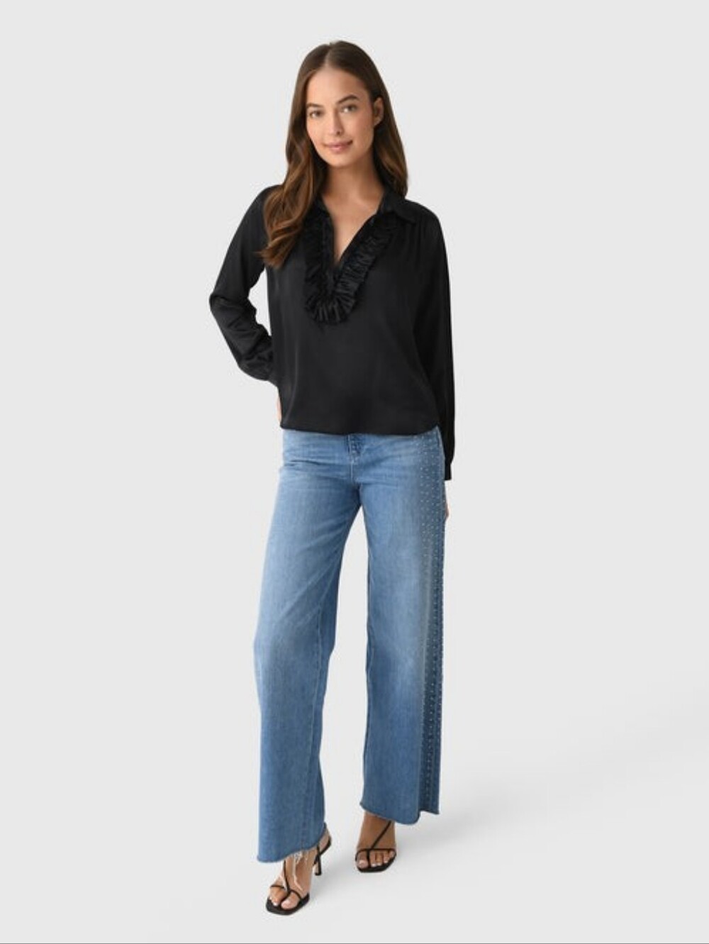 A‎ Shirt Thing Celine Black Silk Quiet Luxury Ruffle Collar Top Size Medium